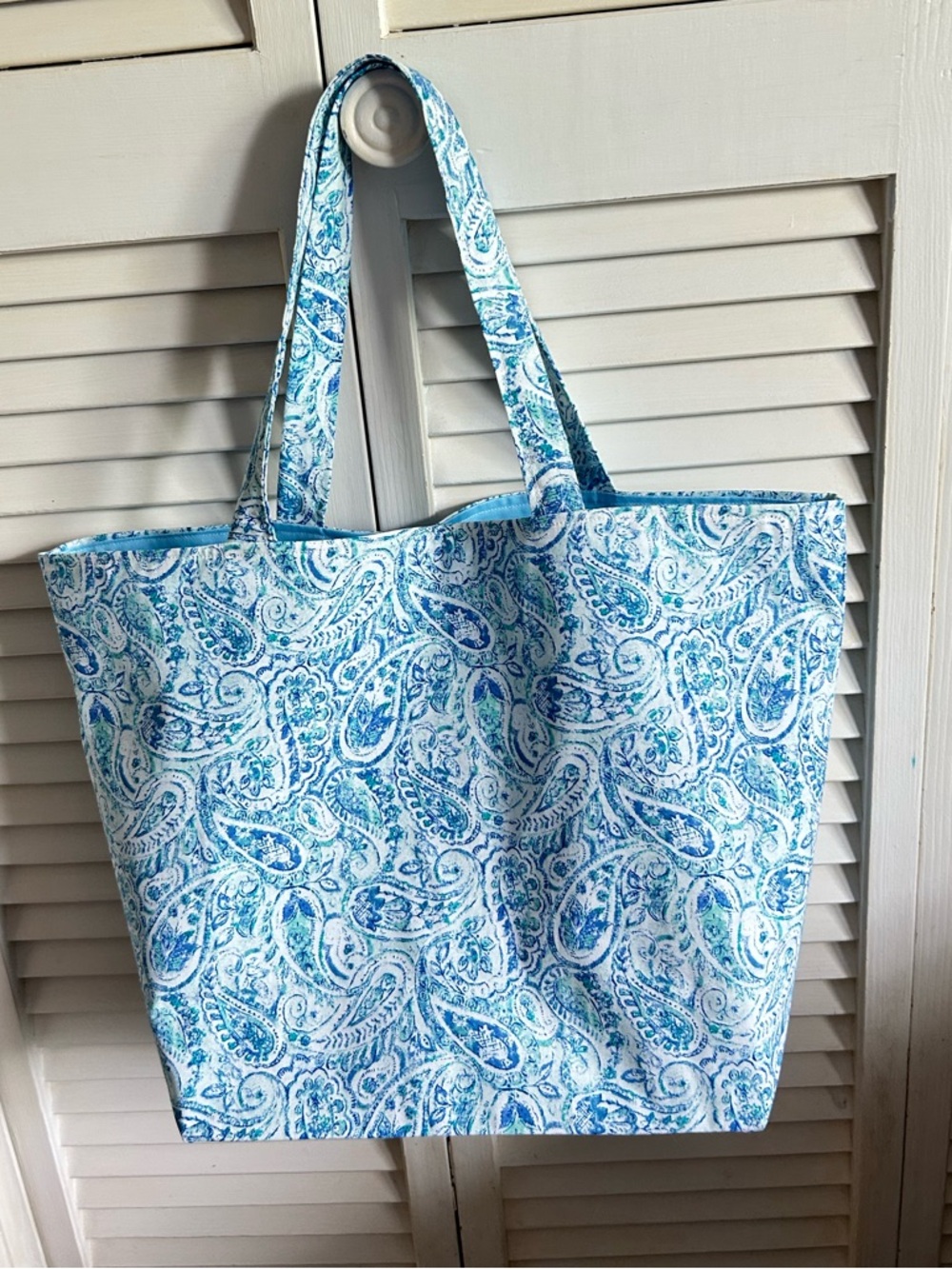 Hand Crafted Fabric Tote Bag Colorful Blue Paisley Market Bag Shoulder Purse - Picture 7 of 10